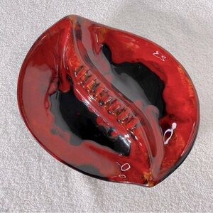Vintage Handmade Red Black Painted Ceramic Ashtray Trinket Dish Art Decor